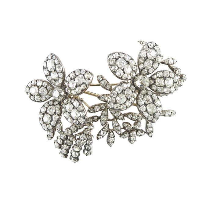 Early 19th century diamond floral and foliate tremblant spray brooch c.1810, with two principal five-petal flowerheads, | MasterArt